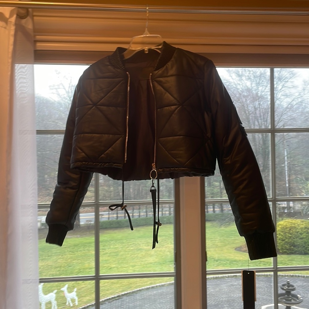Layla Anthony New Black Crop Bomber Leather Jacket
